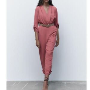 Zara V-Neck Belted Jumpsuit in Rose
